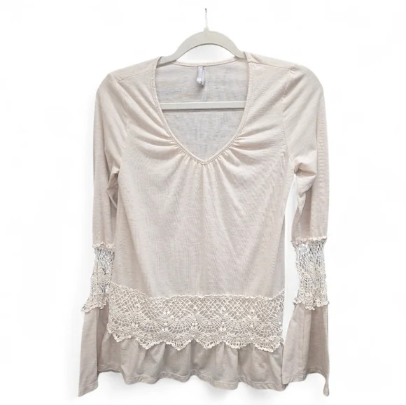Vanity Boho Lace Trim Top Small Cream Beige V-Neck Long Sleeve Cottagecore Soft - Picture 1 of 7